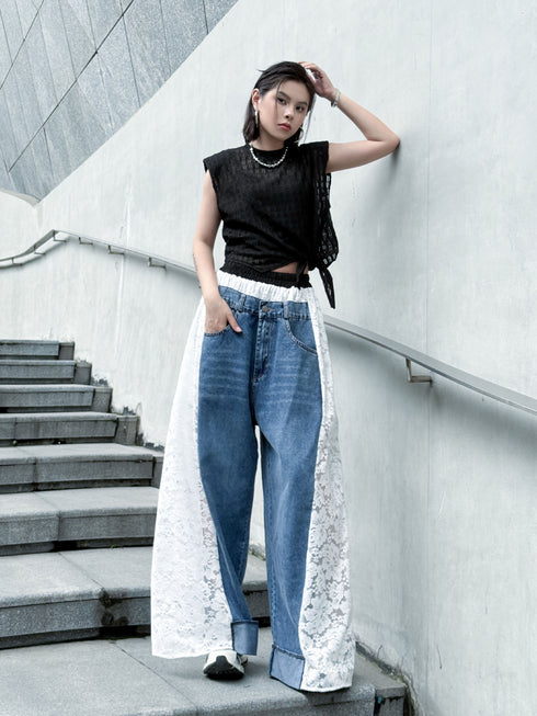 Lace Contrast Wide Denim Pants